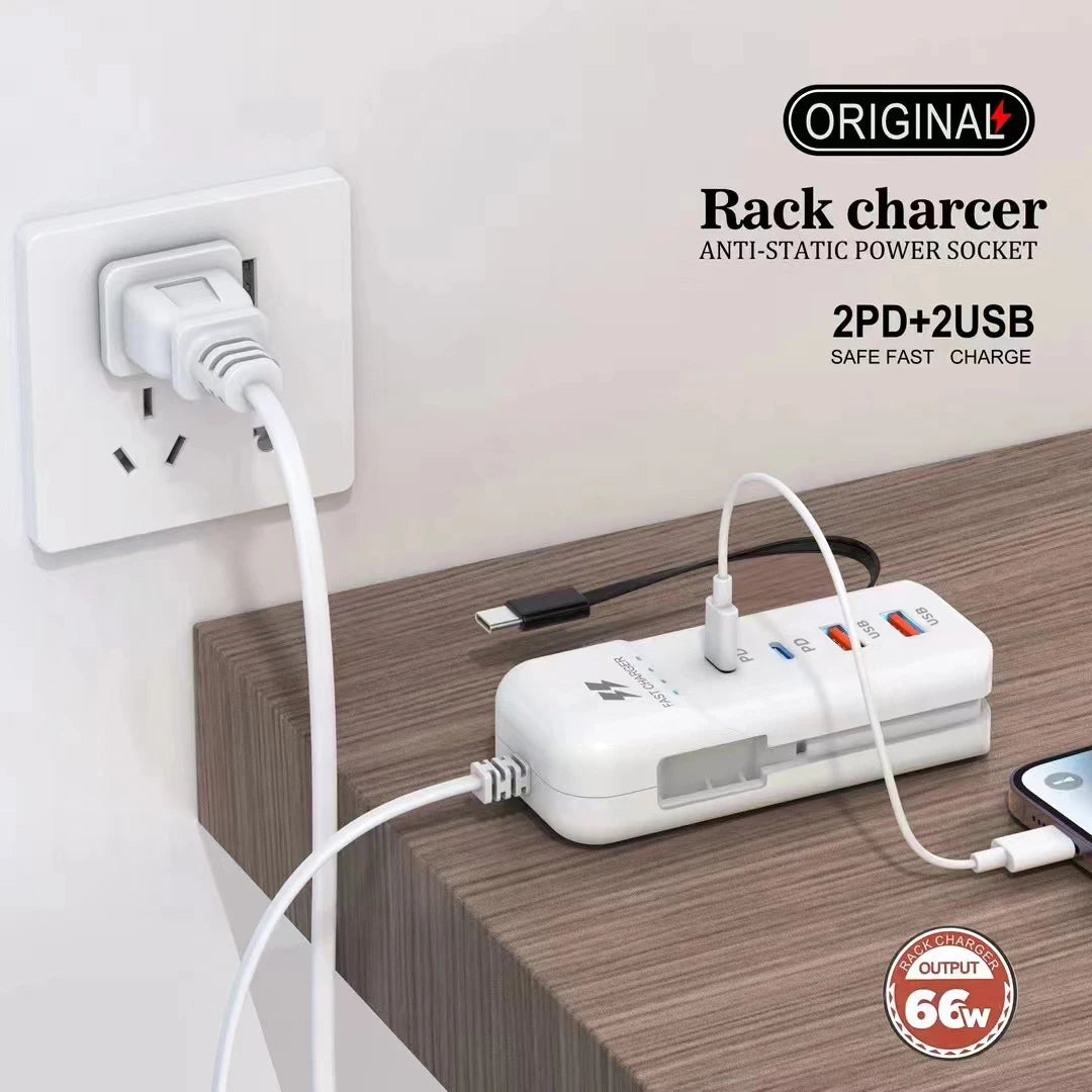 66W Fast Charger 4 Port USB & USB-C PD Adapter with Type-C Cable EU Plug