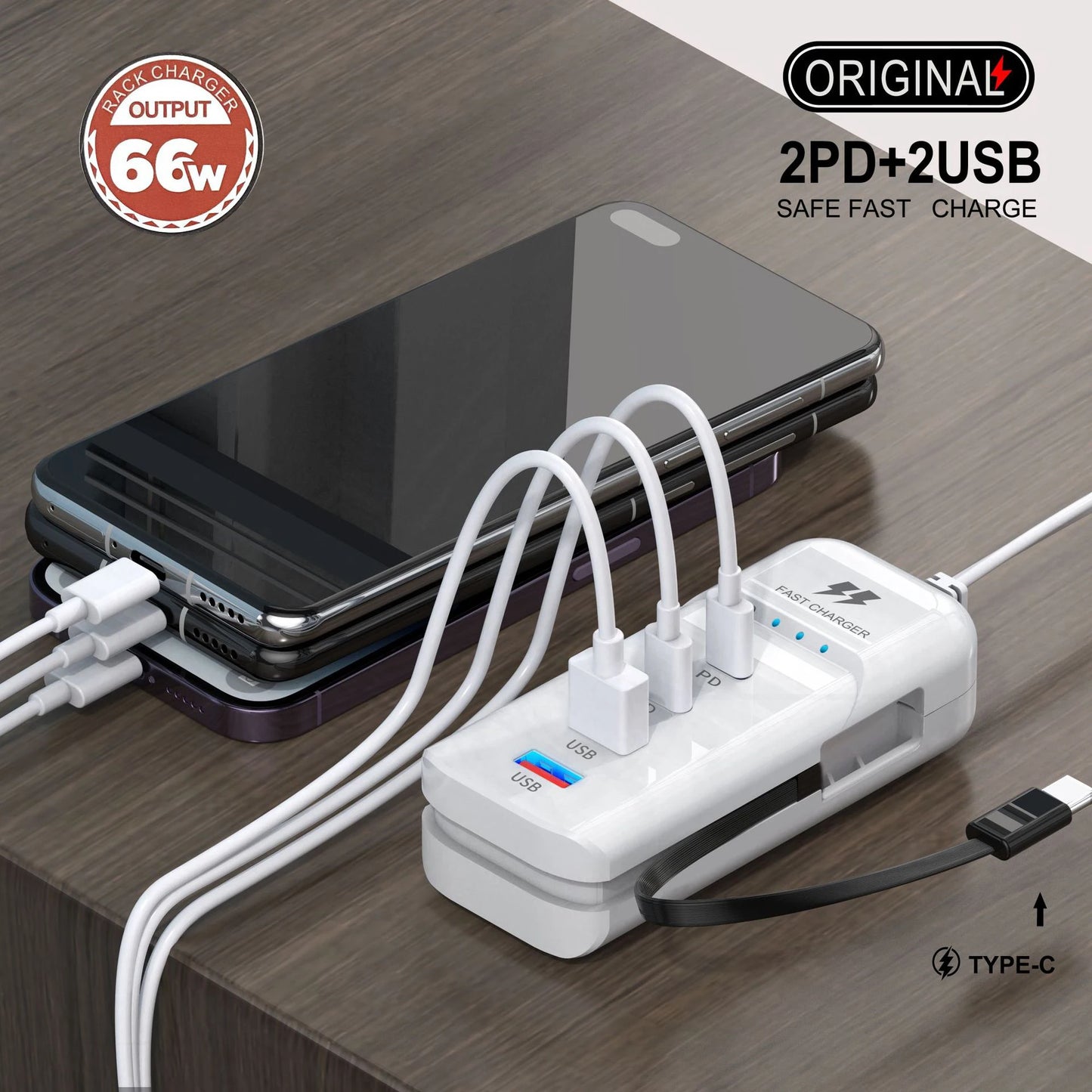 66W Fast Charger 4 Port USB & USB-C PD Adapter with Type-C Cable EU Plug