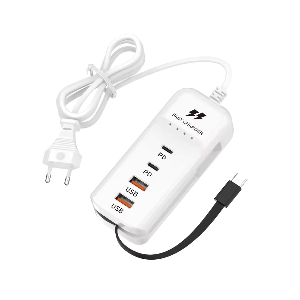 66W Fast Charger 4 Port USB & USB-C PD Adapter with Type-C Cable EU Plug