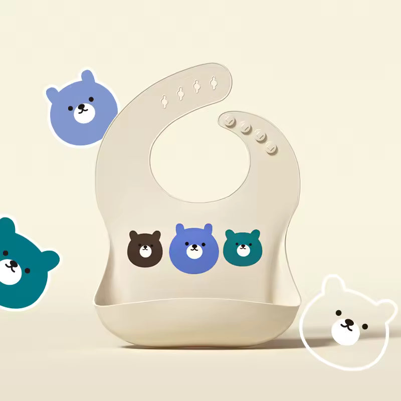 Baby Waterproof Silicone Bib with Crumb Catcher – Cute Bear Design