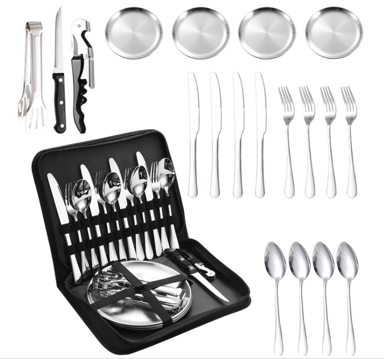 Camping Cutlery Set For 4 People  Portable Stainless Steel Flatware With Pouch