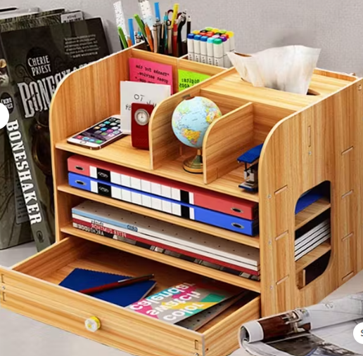 Storage Zone Multi-Compartment Wooden Desktop Stationery Organiser