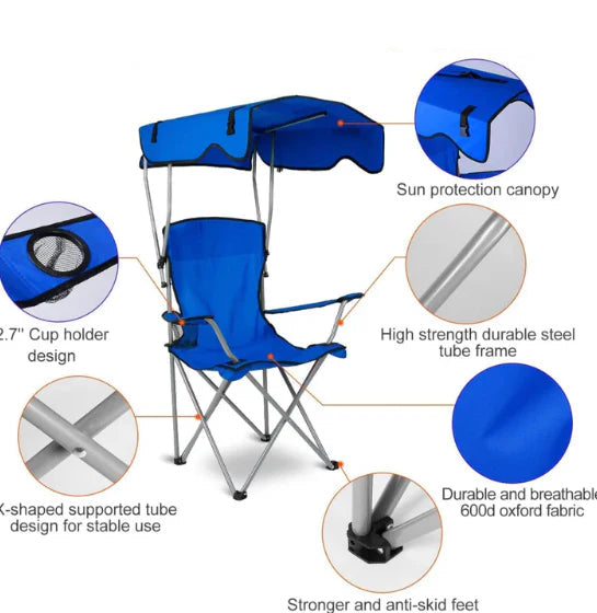 Folding Camping Chair with Shadow Sky, Portable Beach Outdoor Fishing Aluminum with Sun Protection and Carry Bag, Garden Chair for Beach, Pool, Garden, Blue (Color : Blue) XL