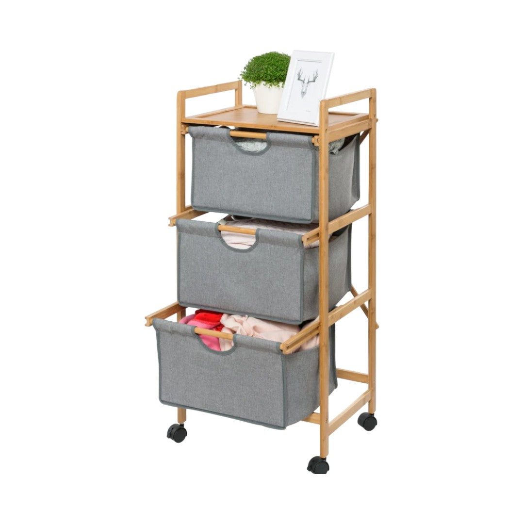 Laundry Trolley - 3 Drawer - Bamboo/Grey