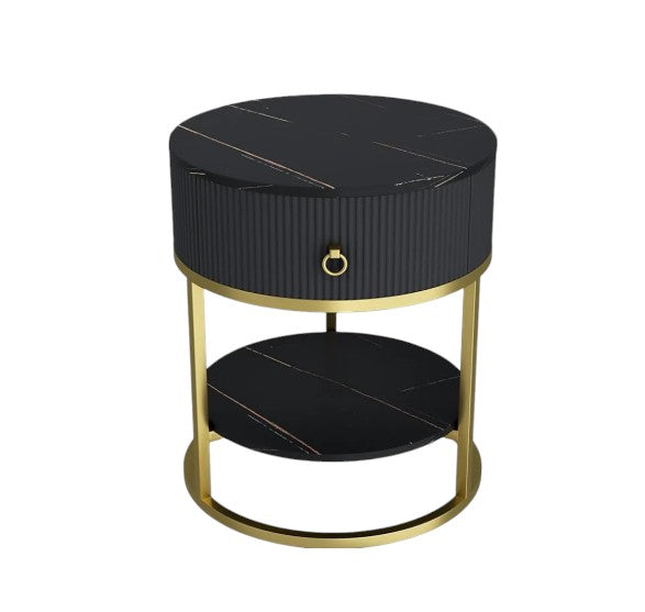 Double Round Bedroom Bedside Table, Display Cabinet With Drawers, Rock Slab Table Top + Iron Bracket Coffee Table Table