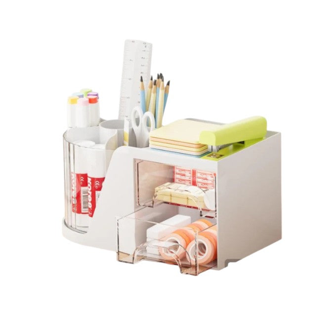 Desk Organizer with 2 Drawer, 360°Rotating Pen Holder for Desk,  with 6 Slots Pencil Organizer + 2 Drawer