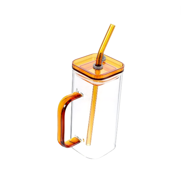 MHome 350ml Square Glass Tumbler with Lid and Straw, Brown Handle