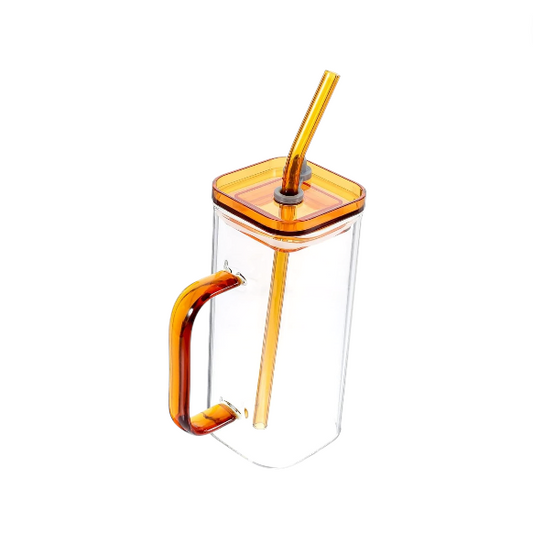 MHome 350ml Square Glass Tumbler with Lid and Straw, Brown Handle