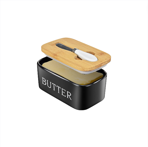 MHome Ceramic Butter Dish with Bamboo Lid and Stainless Steel Knife