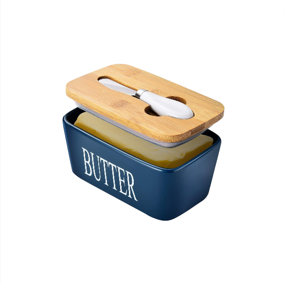 MHome Ceramic Butter Dish with Bamboo Lid and Stainless Steel Knife
