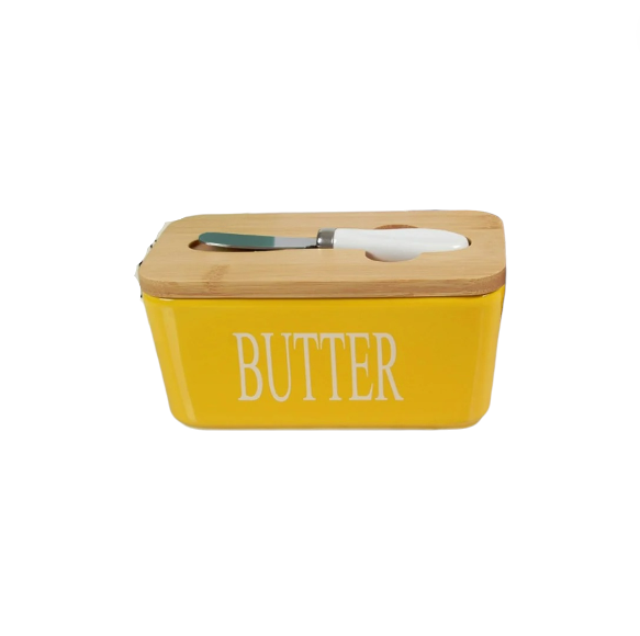 MHome Ceramic Butter Dish with Bamboo Lid and Stainless Steel Knife