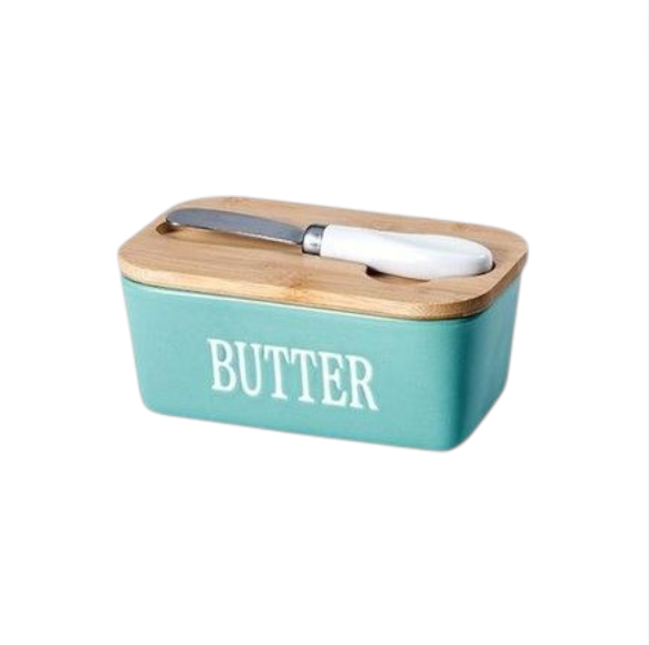 MHome Ceramic Butter Dish with Bamboo Lid and Stainless Steel Knife
