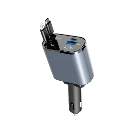 MTech 4-in-1 Retractable Car Charger – 120W Fast Charging USB-C & Lightning Cables