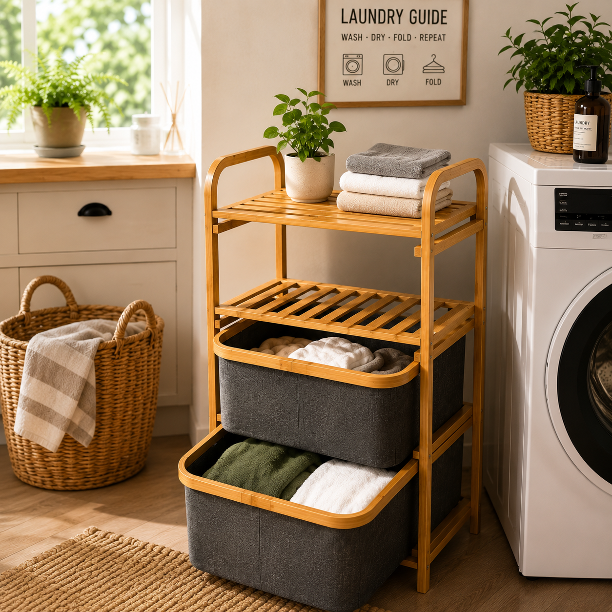 MHome Bamboo 2-Tier Laundry Shelf with Pull-Out Hampers