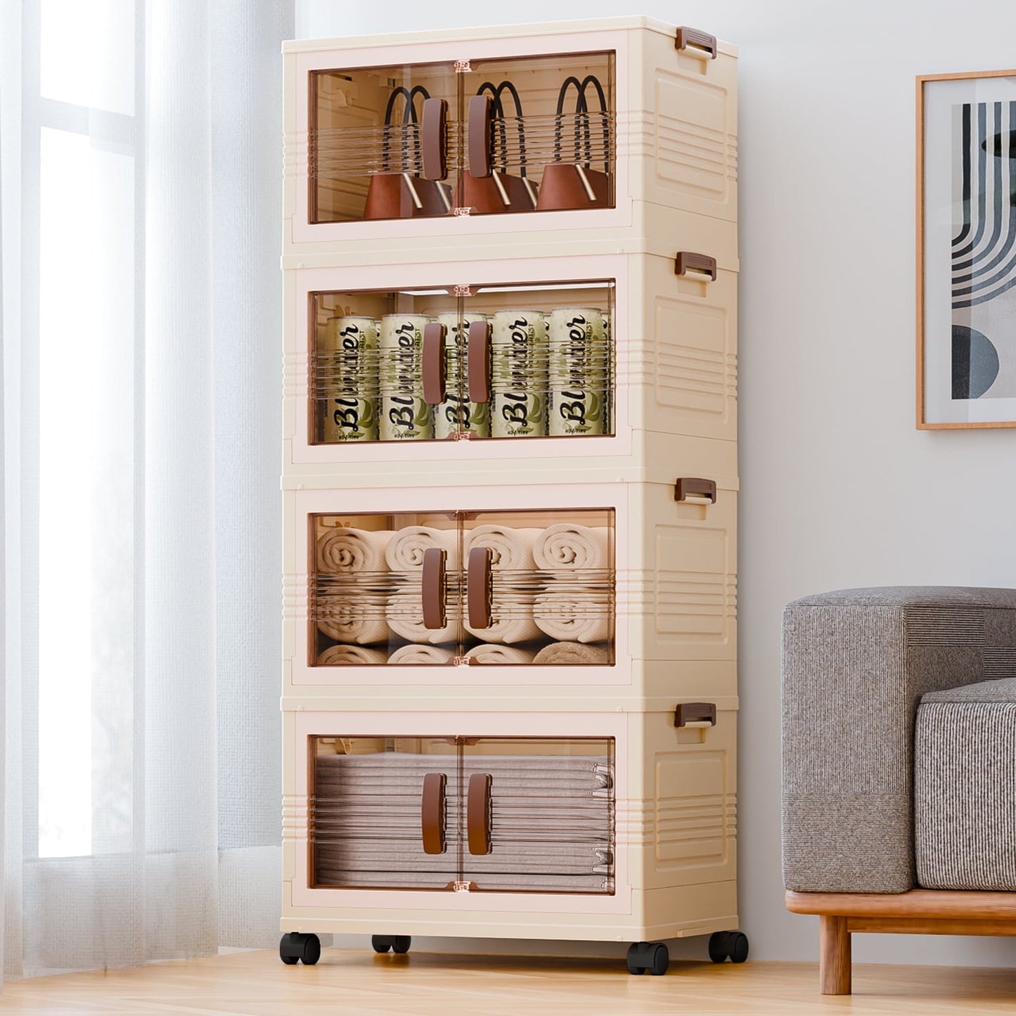 MHome 4-Tier Collapsible Storage Bins with Magnetic Doors - Plastic Folding Storage Cabinet with Wheels