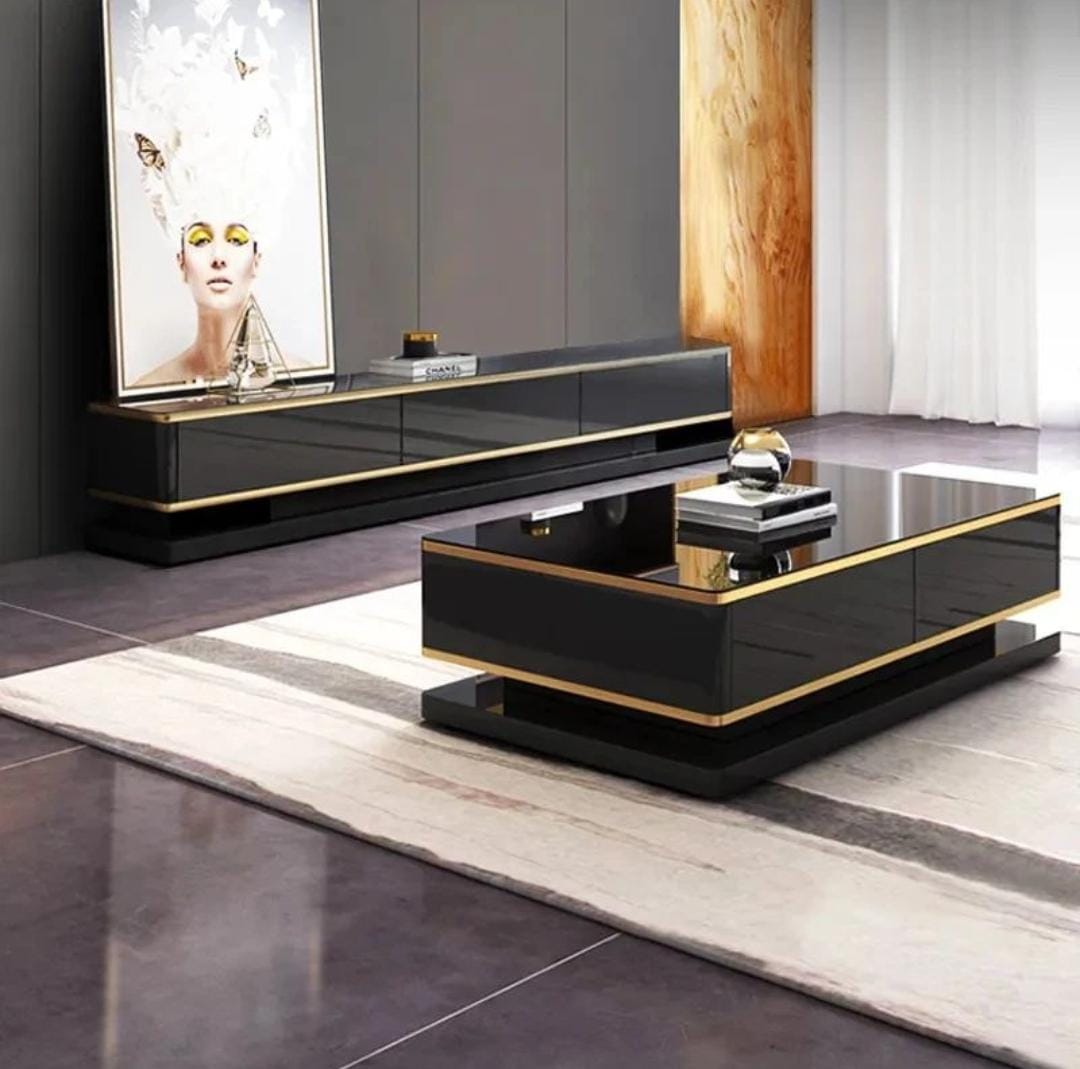 MFURN Noir High Gloss Black TV Stand with Gold Trim – 200cm