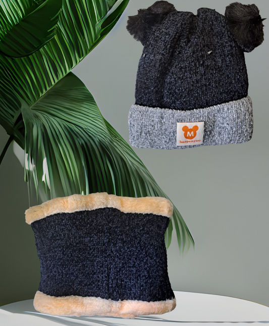 Baby Toddler Warm Fluffy Beanie Hat & Scarf Set – Winter Woolen Cap for Boys & Girls