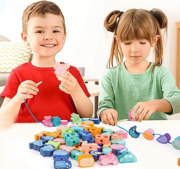 Block Beeds Wooden Blocks Lacing Beads Toy Puzzle Sorting Educational 60 Block Bea ...