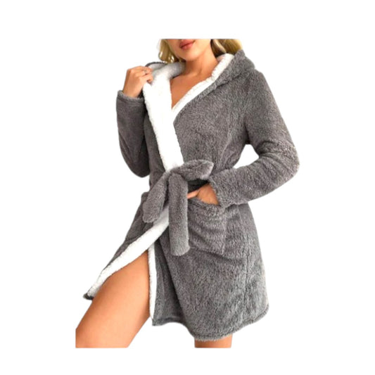 Contrast Fuzzy Trim Hooded Belted Robe Available In Various Colours