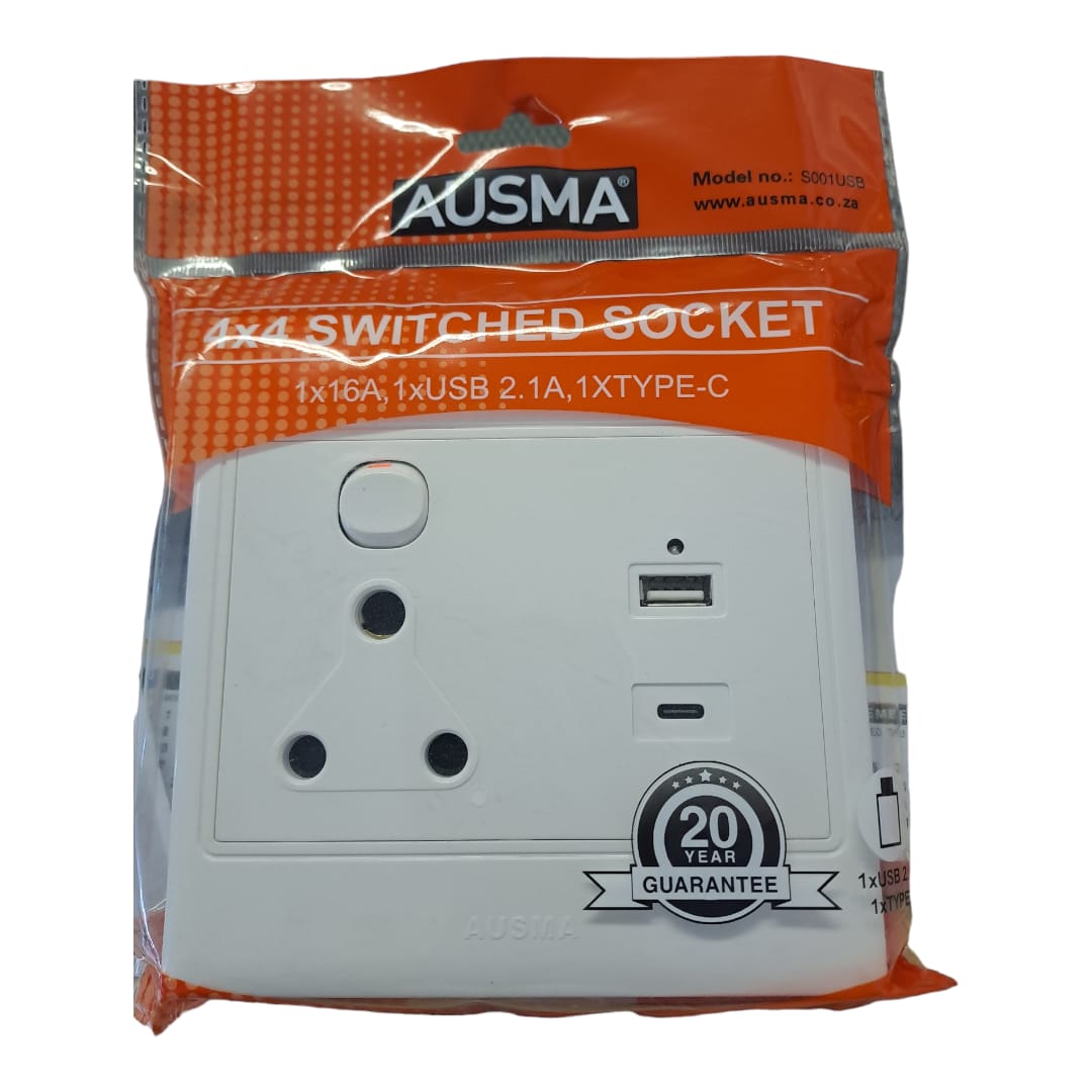 White Wall Socket With USB And Type c Slots(4X4) -16A 250V