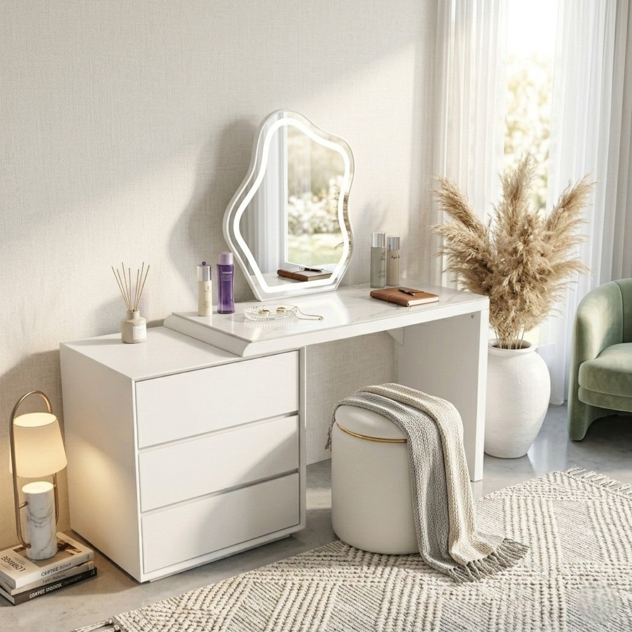 MFurn Modern Irregular Mirror Vanity Set with Marble Top & LED Lighting