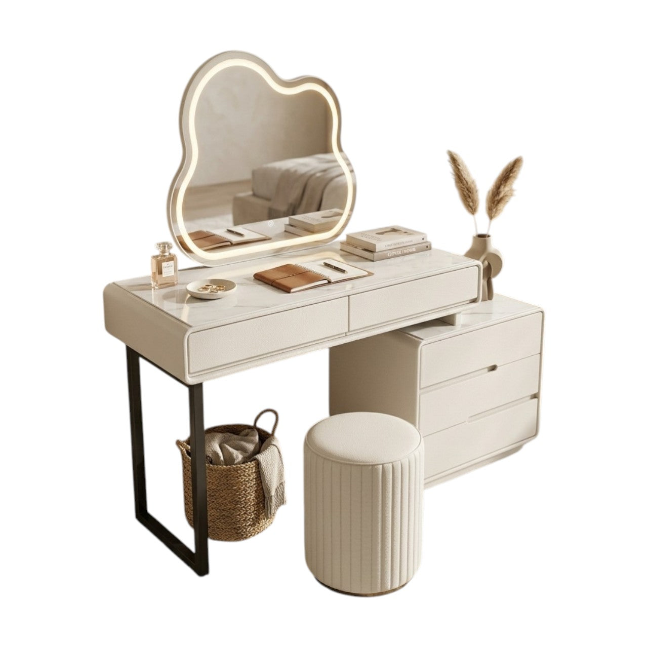 MFurn Modern White Dressing Table Set with LED Cloud Mirror