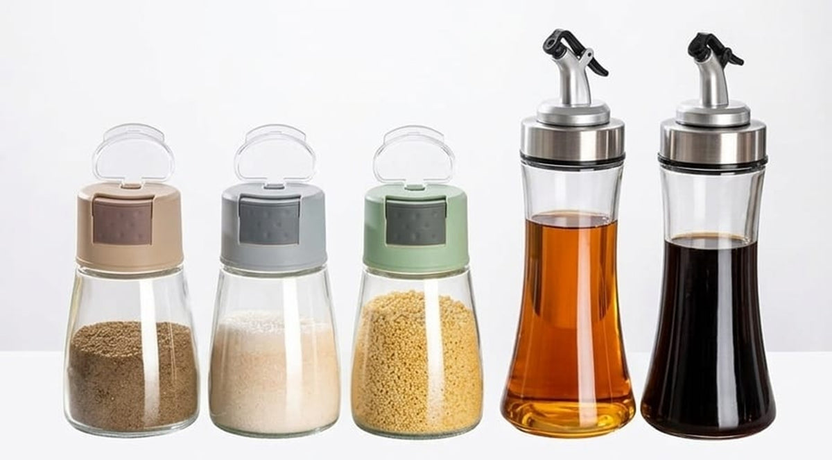 5 Piece Glass Oil Cruet and Seasoning Jar Set
