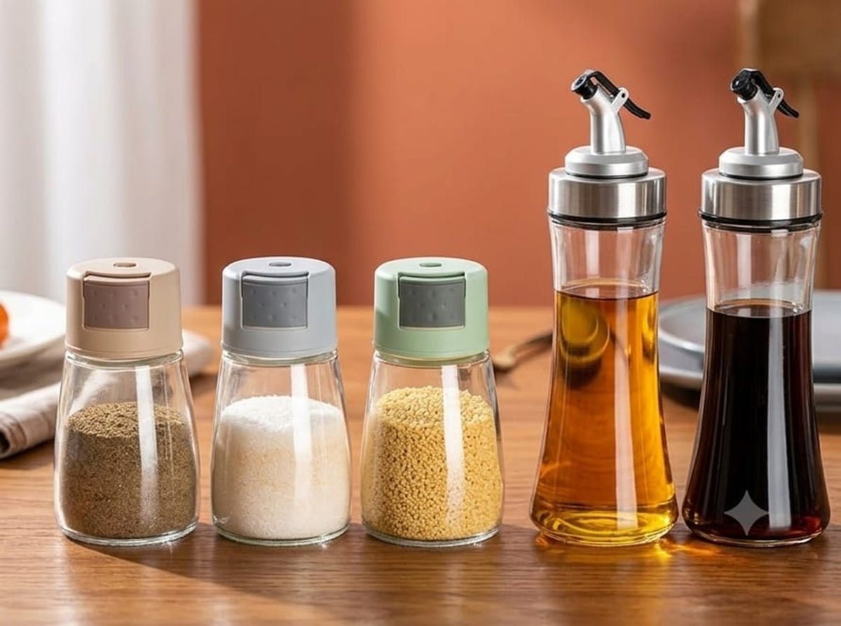5 Piece Glass Oil Cruet and Seasoning Jar Set