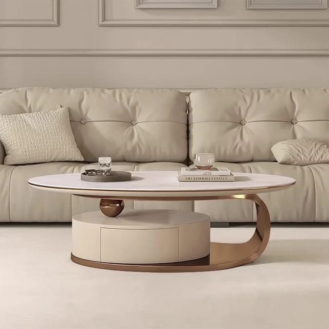 Elegant Oval round Coffee Table With Stainless Steel Base