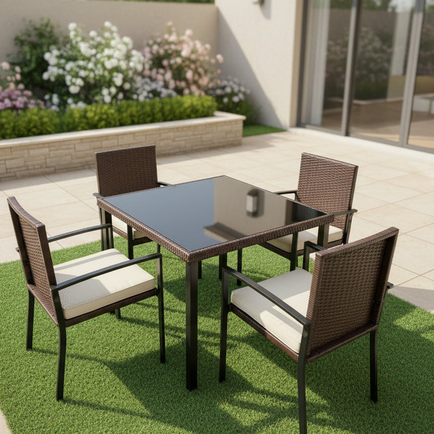 MFurn Shirl Inspired 5-Piece Rattan Patio Dining Set – Outdoor PE Wicker & Cushions
