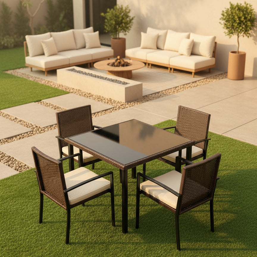 MFurn Shirl Inspired 5-Piece Rattan Patio Dining Set – Outdoor PE Wicker & Cushions