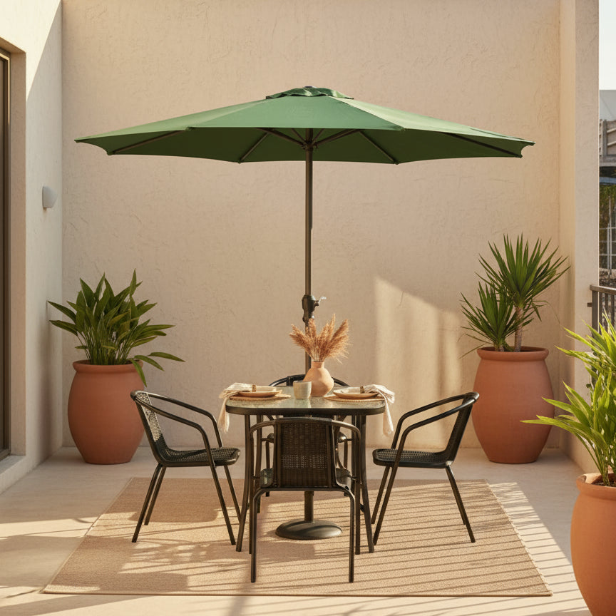 MFurn Sunshine 6 Piece Outdoor Patio Set with Steel Center Umbrella & Tempered Glass Table