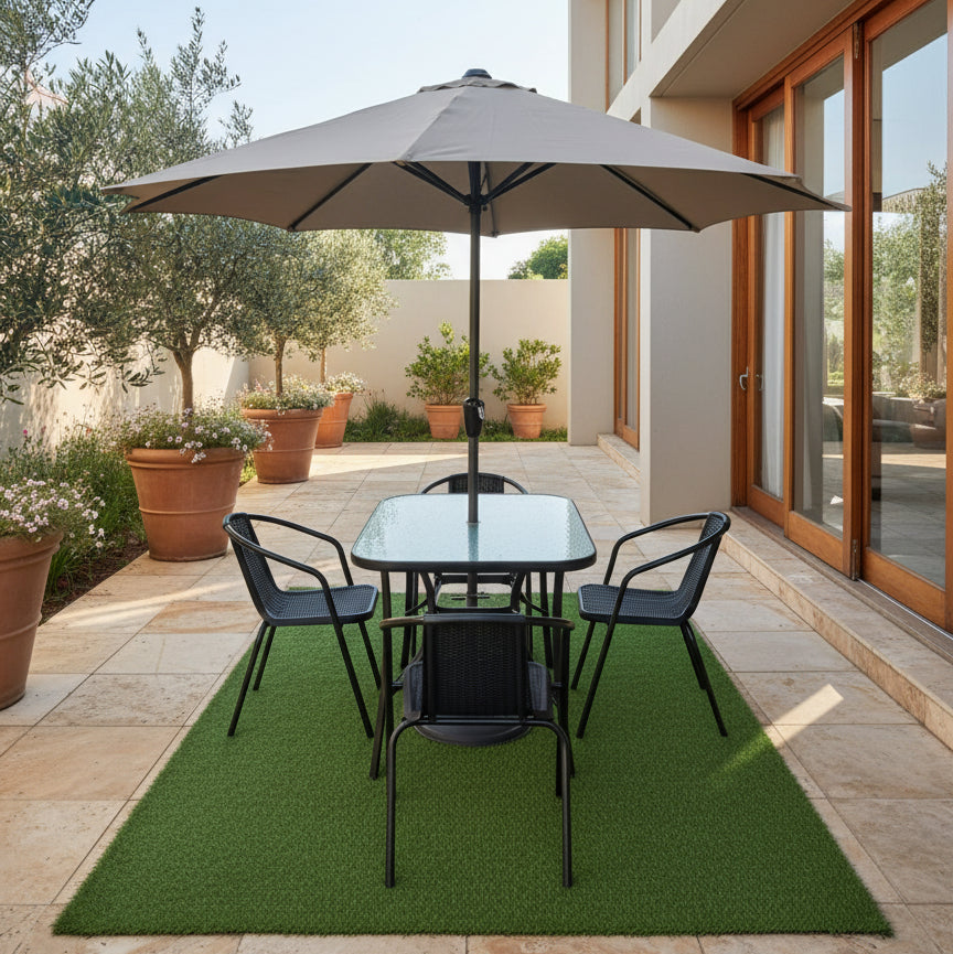 MFurn Sunshine 6 Piece Outdoor Patio Set with Steel Center Umbrella & Tempered Glass Table