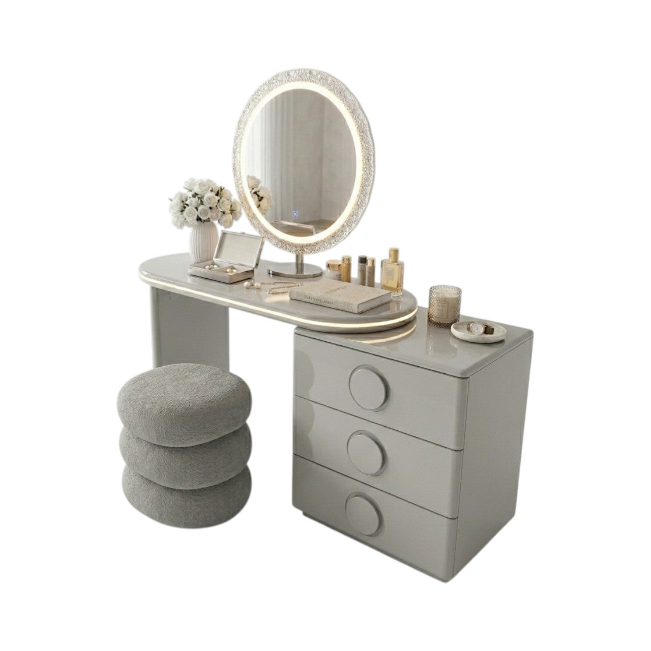 MFurn Glossy Grey LED Vanity Set with Bouclé Pebble Stool