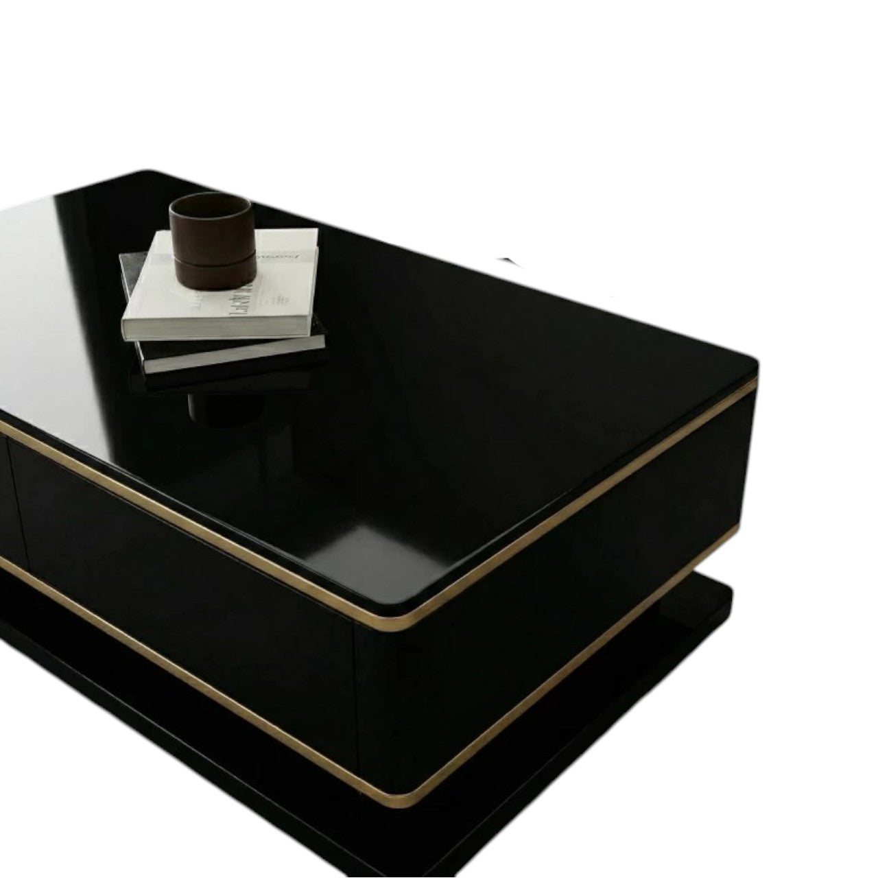 MFURN Obsidian Black Gloss Coffee Table with Gold Trim – 130cm