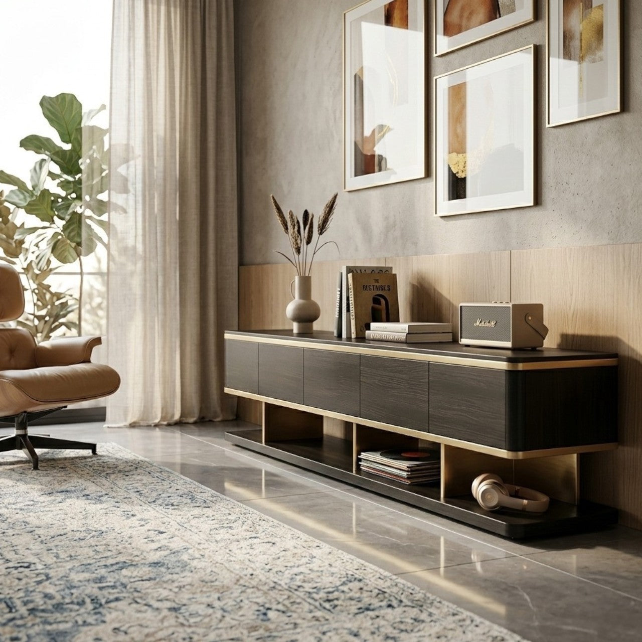 MFURN Noir High Gloss Black TV Stand with Gold Trim – 200cm