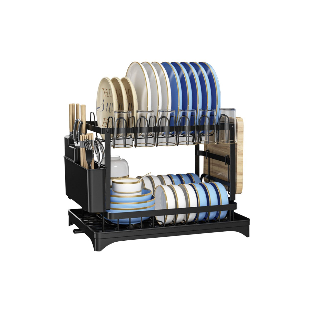 MHOME 2 Tier Dish Drainer Black Stainless Steel with Cup & Utensil Holders