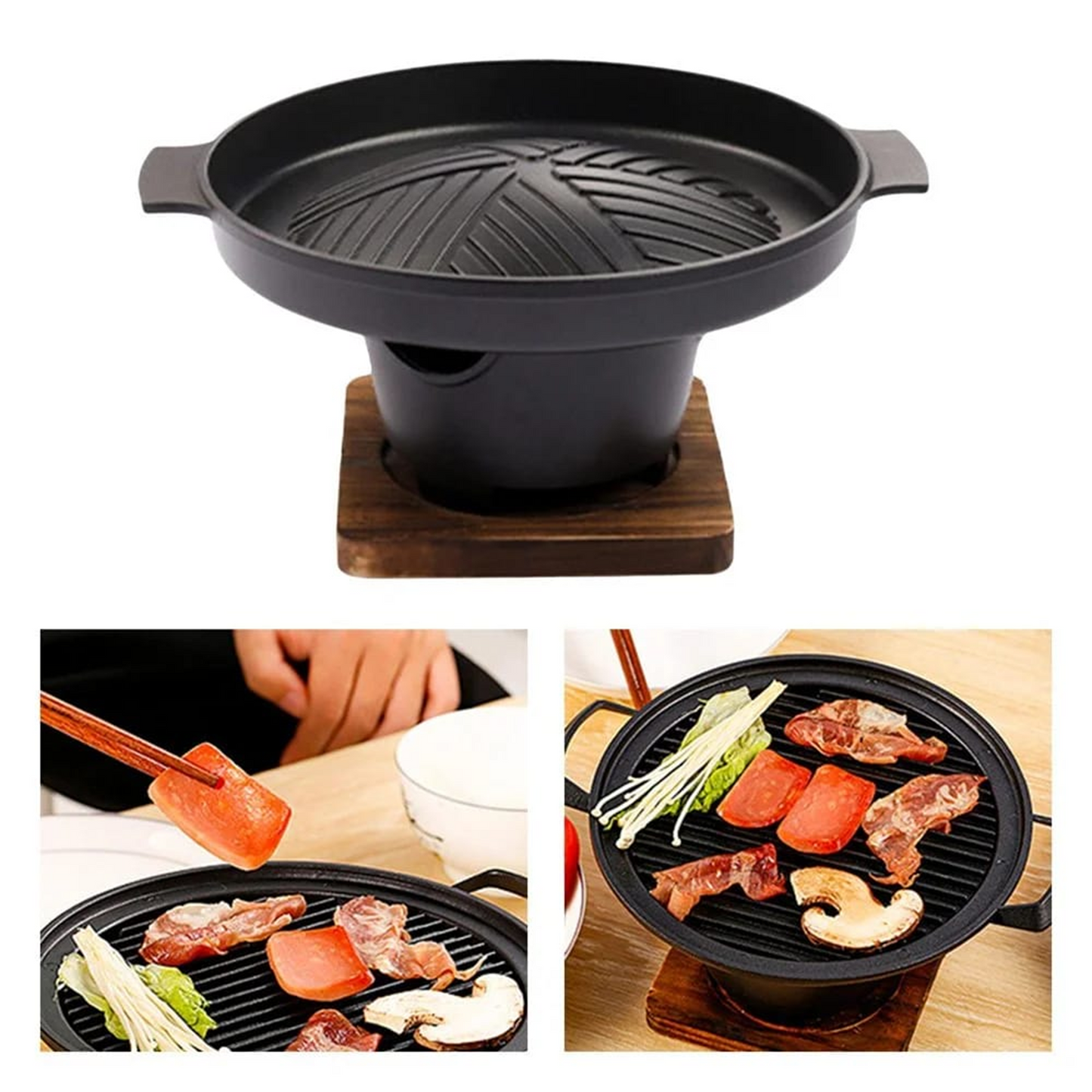 MHome Mini BBQ Grill with Wood Base – Portable Japanese Hibachi Charcoal Grill