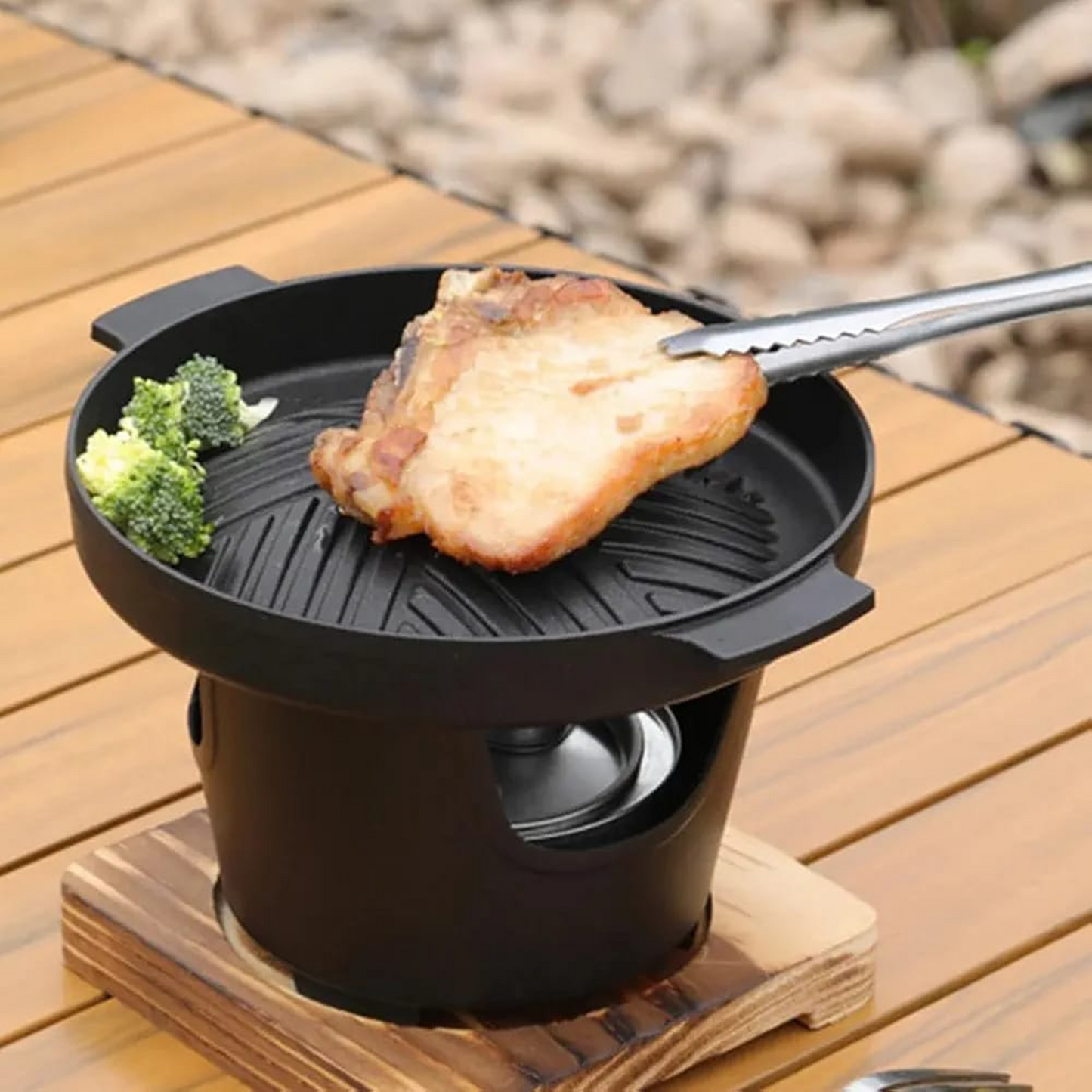 MHome Mini BBQ Grill with Wood Base – Portable Japanese Hibachi Charcoal Grill