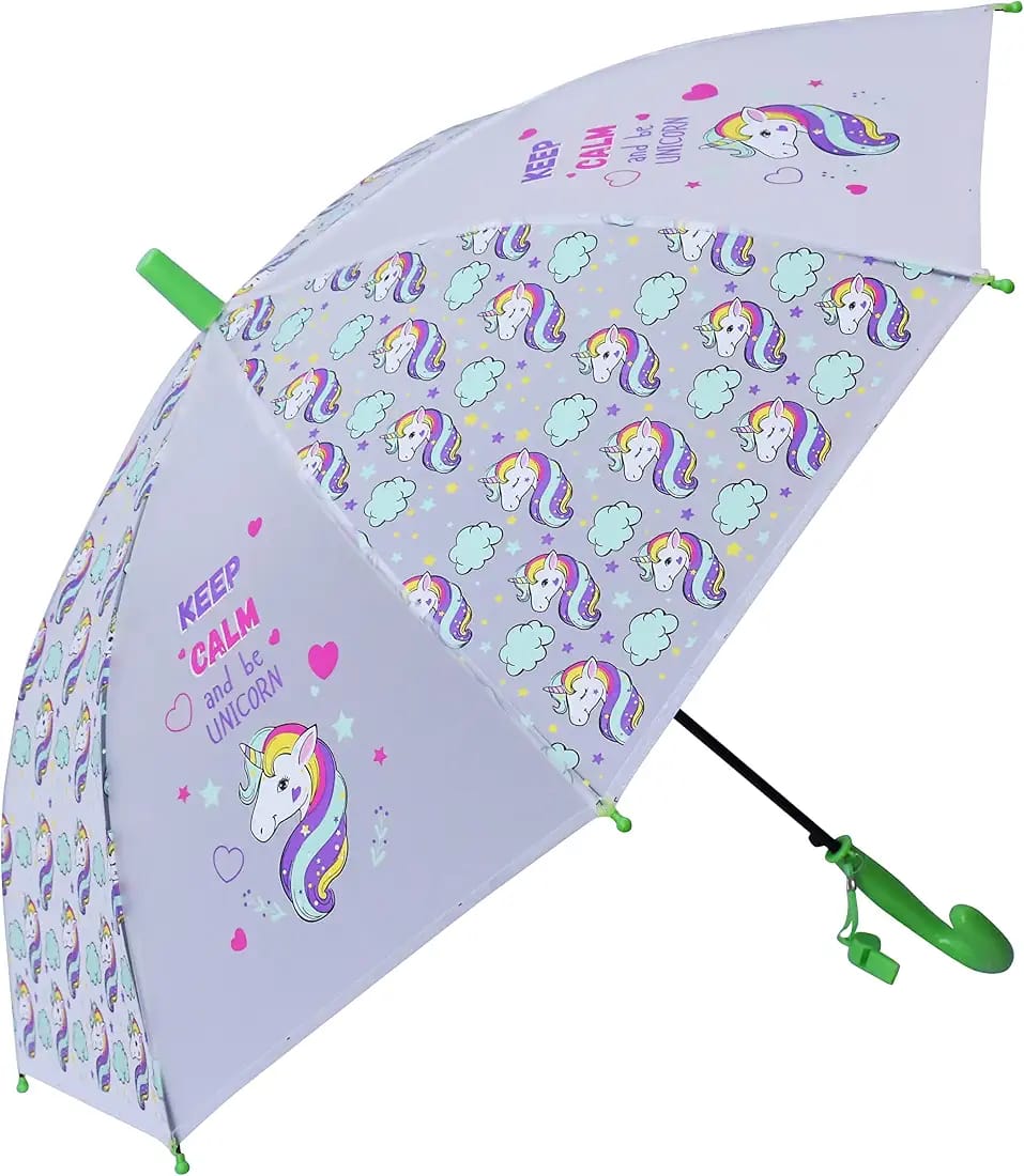 Kids Unicorn Printed Dome Umbrella With Whistle - Various Colors