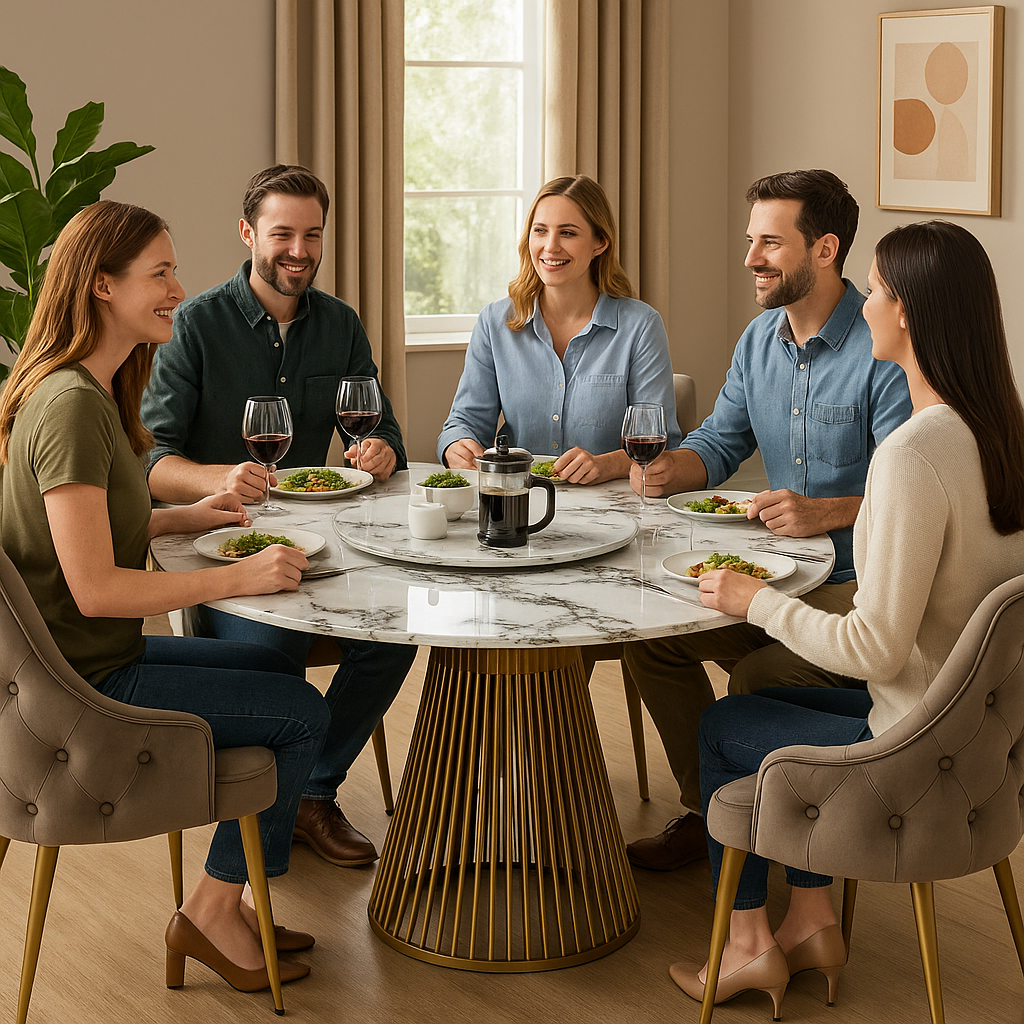 MFurn 6-Seater Marble Top Dining Table Set with Velvet Chairs and Gold Legs