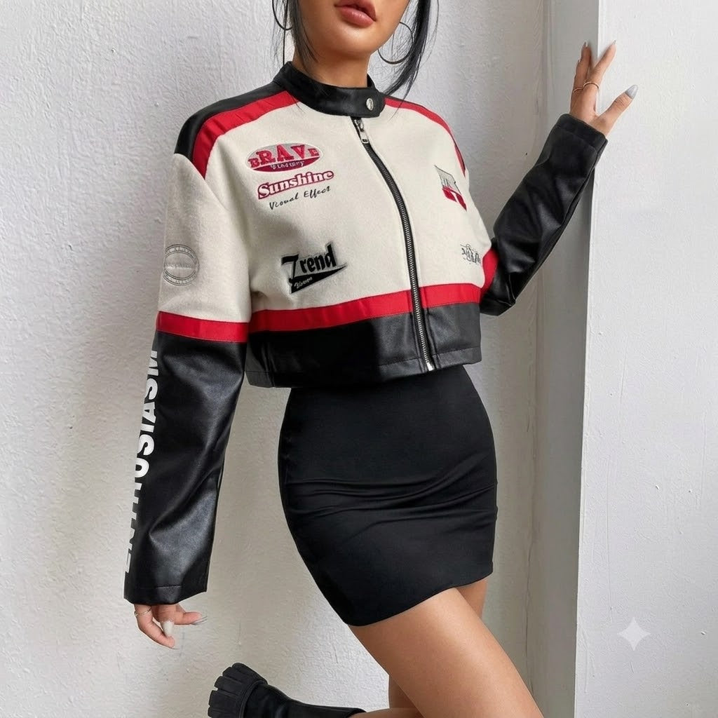 Women's Cropped Moto Racing Jacket – Faux Leather Zip-Up Biker Jacket