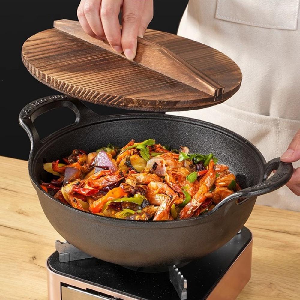 MHome Cast Iron Stew Pot with Wooden Lid – 20cm Non-Stick Soup & Cooking Pot