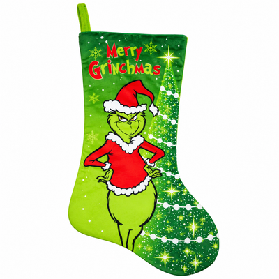 Grinch Christmas Stocking, 46 cm Large Hanging Stocking, Festive Mantel and Fireplace Decoration