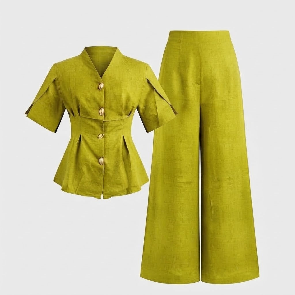Women’s Button Front Wide Leg 2 Piece Set – Short Sleeve Top & Pants