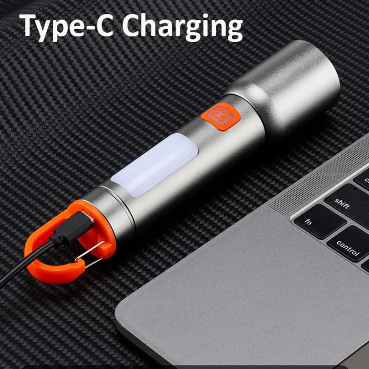 Hanging COB LED Aluminum Alloy Flashlight, 7 Bright Light Modes, Zoom In/Out, Aluminum