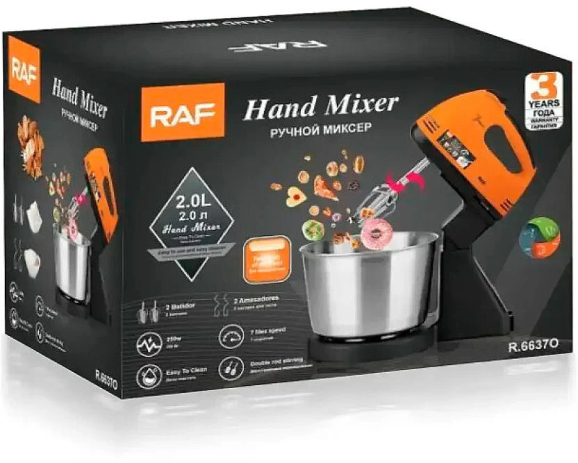 RAF R.6637 2-in-1 Electric Hand & Stand Mixer with Bowl – 250W, 7 Speed, Stainless Steel Attachments