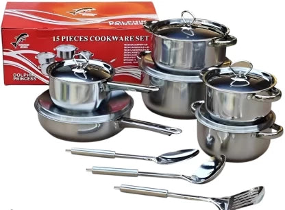 DOLPHIN 15-Piece Stainless Steel Cookware Set – Durable Pots & Pans