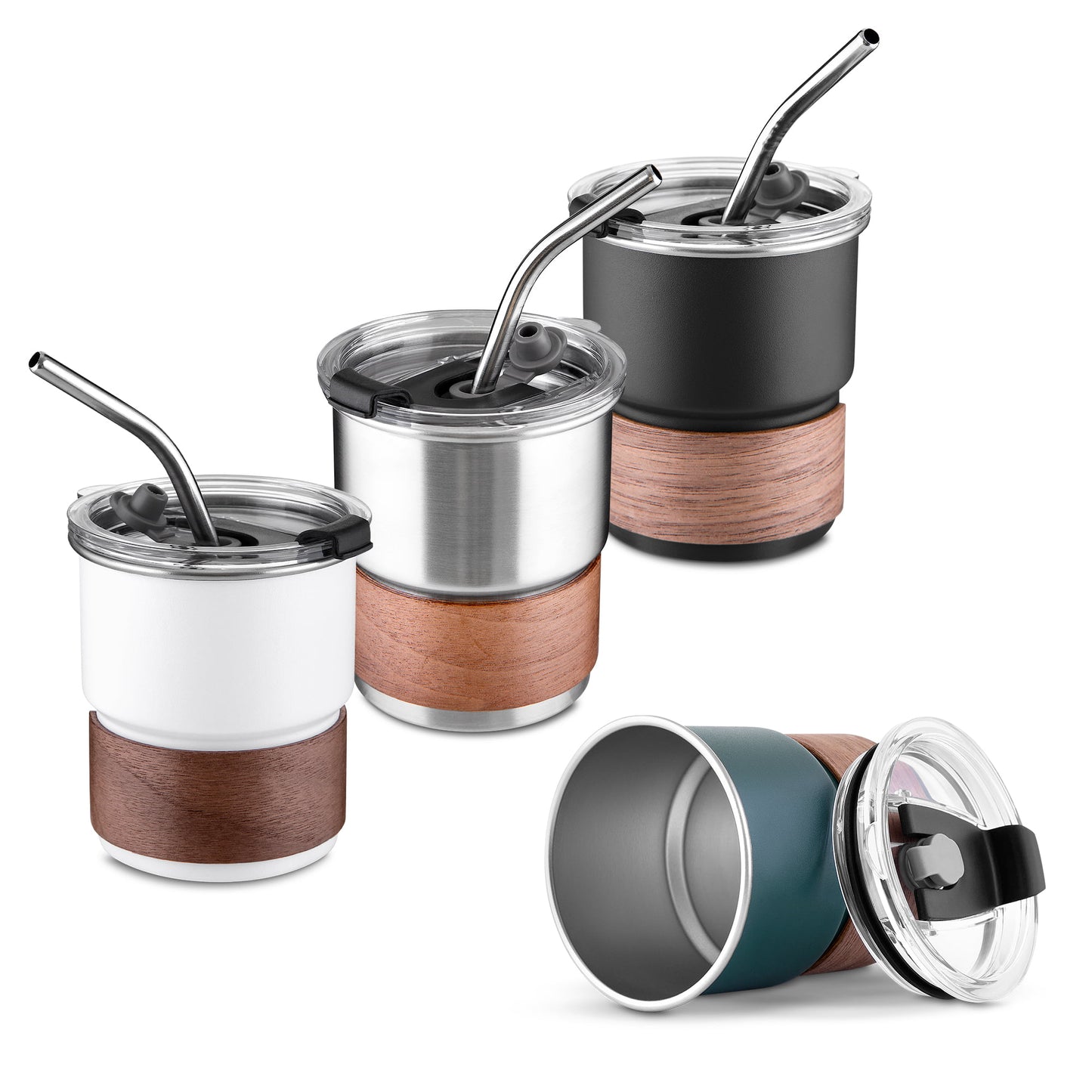 MHOME 300ML Stainless Steel Stacked Camping Cups with Walnut Handle