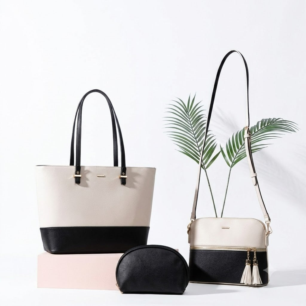 Stylish Women's 3-Piece Handbag Set – Tote Bag, Crossbody Bag & Cosmetic Pouch (Black & White)